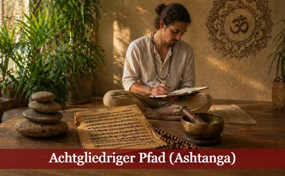 Ein Yogi beim Studieren eines Textes. Im Vordergrund eine alte Schrift. Text: Achtgliedriger Pfad, Ashtanga