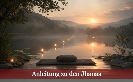Bildhafte Illustration der Anleitung zu den Jhanas in Gestalt eines Sees bei Sonnenuntergang 