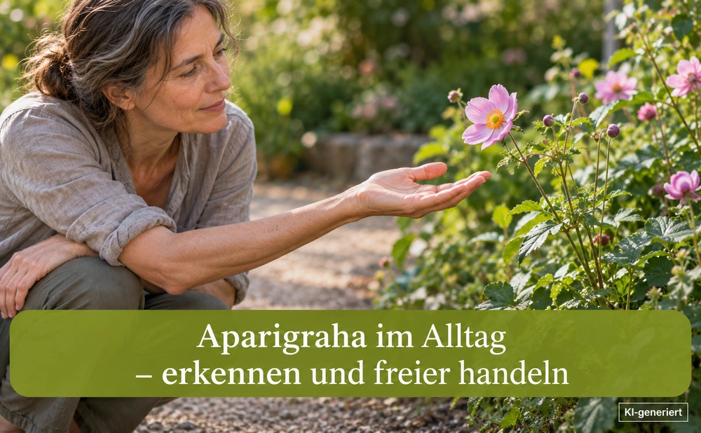 Frau vor einer Blume - Die Hand bleibt offen, die Blüte bleibt an der Pflanze. - Aparigraha im Alltag