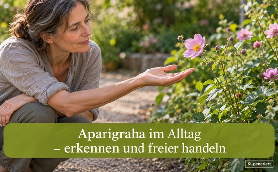 Frau vor einer Blume - Die Hand bleibt offen, die Blüte bleibt an der Pflanze. - Aparigraha im Alltag