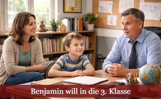 Benjamin sitzt beim Schuldirektor mit seiner Lehrerin. Text: Benjamin will in die dritte Klasse