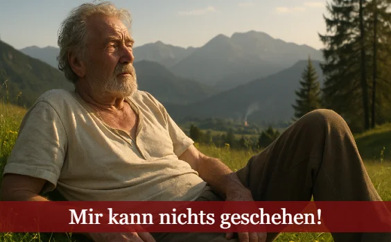 Mann auf Bergwiese. Text: Mir kann nichts geschehen