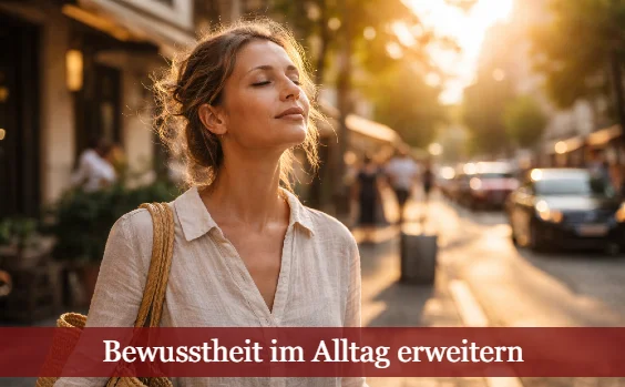 Frau hält auf einem belebten Bürgersteig inne und spürt. Text: Bewusstheit im Alltag erweitern