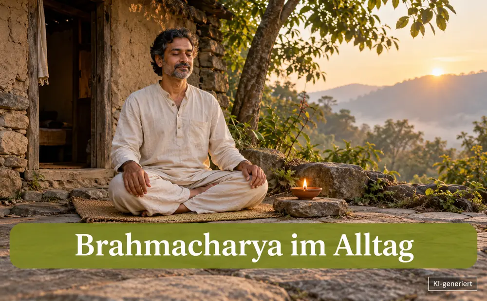 Mann vor Einsiedelei, Flamme als Sinnbild für Energie - Brahmacharya im Alltag