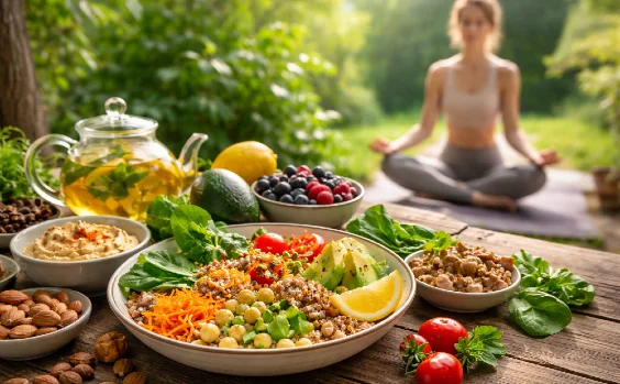 Bunte Kost im Vordergrund, im Hintergrund Frau im Yogasitz