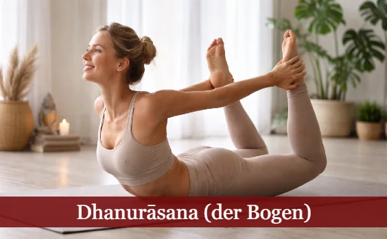 Frau führt Dhanurasana, den Bogen, aus. 