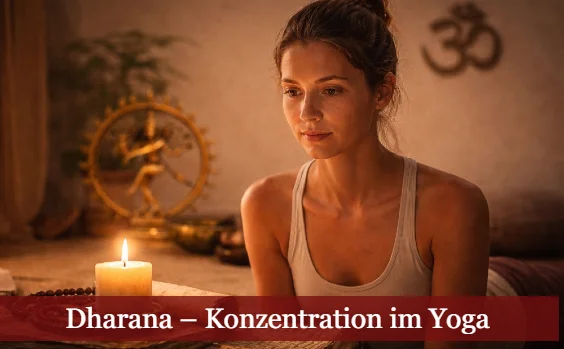 Frau konzentriert sich auf Kerze, yogische Symbole im Hintergrund. Text: Dharana - Konzentration im Yoga