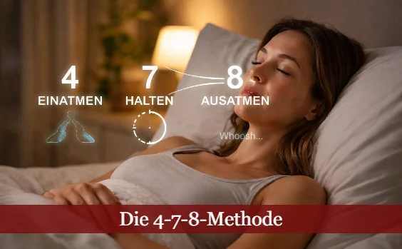 Frau liegt im Bett und wendet die 4-7-8-Methode an