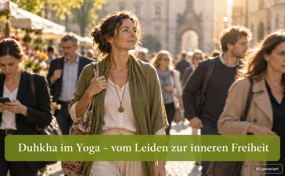 Zufriedene Frau inmitten einer gehetzten Menschenmenge. Text: Duhkha im Yoga - vom Leiden zur inneren Freiheit
