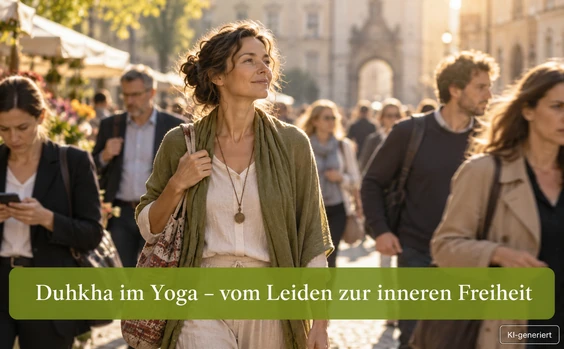 Zufriedene Frau inmitten einer gehetzten Menschenmenge. Text: Duhkha im Yoga - vom Leiden zur inneren Freiheit