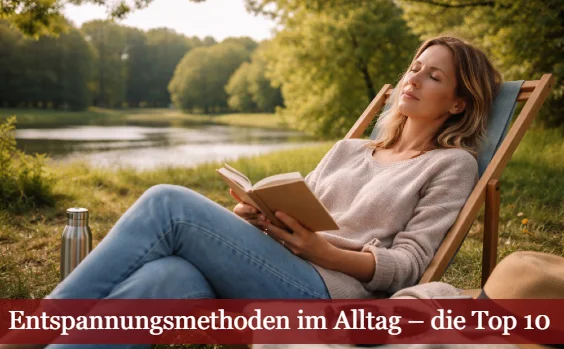 Frau liest entspannt ein Buch am See inmitten der Natur. Text: Entspannungsmethoden im Alltag - die Top 10