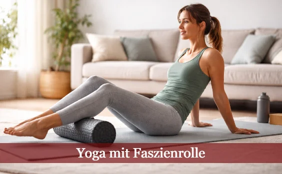 Frau übt Yoga mit Faszienrolle im Wohnzimmer