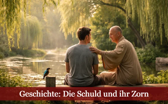 Alter weiser Mann und junger Mann sitzen an einem See. Text: Geschichte: Die Schuld und ihr Zorn