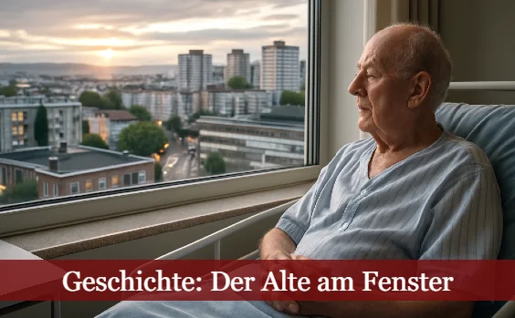 Ein alter Mann im Krankenhaus mit Fenster auf eine Stadt. Text: Geschichte: Der Alte am Fenster