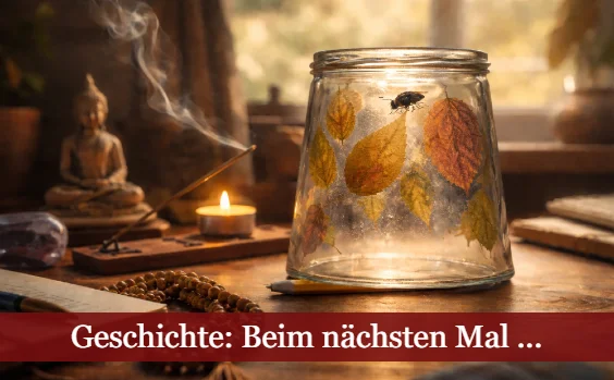 Schreibtisch mit Fliege unter einem Einmachglas. Text: Geschichte - Beim nächsten Mal ...