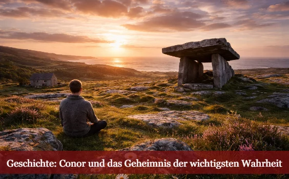 Mann sitzt bei Sonnenuntergang inirischer Landschaft vor Steinmonument. Text: Geschichte: Conor und das Geheimnis der wichtigsten Wahrheit