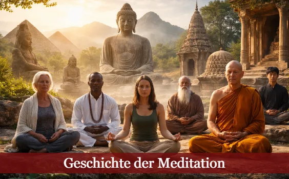 Eine Gruppe Menschen aus unterschiedlichen Zeitaltern meditieren. Im Hintergrund eine Buddhastatue und ein Tempel sowie Berge und Pyramiden. Text: Geschichte der Meditation