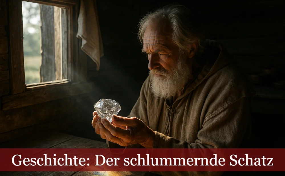 Geschichte: Der schlummernde Schatz – alter Mann in ärmlicher Hütte mit Diamant in Händen