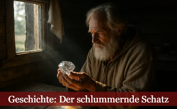 Geschichte: Der schlummernde Schatz – alter Mann in ärmlicher Hütte mit Diamant in Händen
