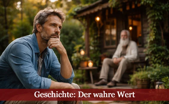 Mann sitzt nachdenklich vor einer Hütte. Alter Mann im Hintergrund. Text: Geschichte: Der wahre Wert