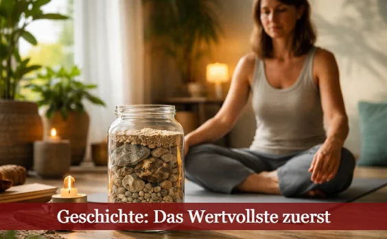 Frau sitzt im Meditationssitz vor einem Eimer mit Steinen. Text: Geschichte: Das Wertvollste zuerst