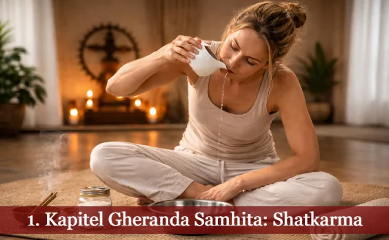 Frau bei Neti, der Nasenreinigung. Text: 1. Kapitel Gheranda Samhita: Shatkarma