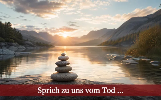 See bei Sonnenuntergang, Steine zum Turm gehäuft. Text: Sprich zu uns vom Tod ...