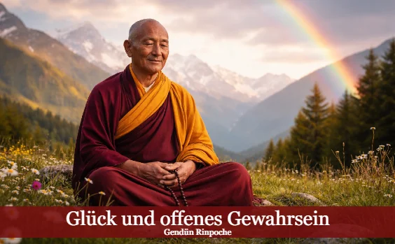 Mönch in Meditation in den Bergen. Text: Glück und offenes Gewahrsein von Gendün Rinpoche
