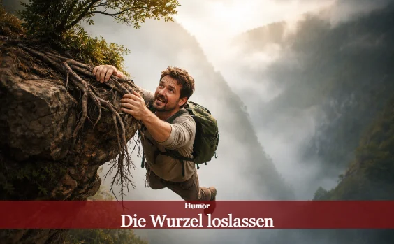 Mann hängt über einem Abgrund an einer Baumwurzel. Text: Humor, Die Wurzel loslassen