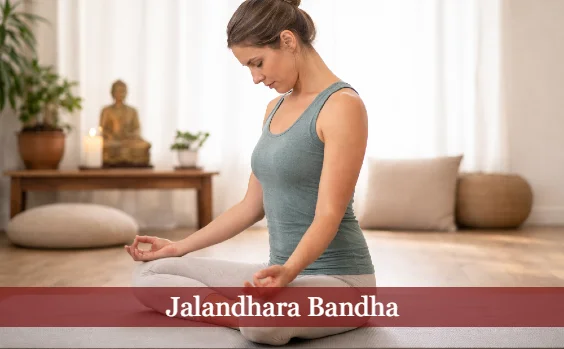 Frau übt Jalandhara Bandha im Wohnzimmer