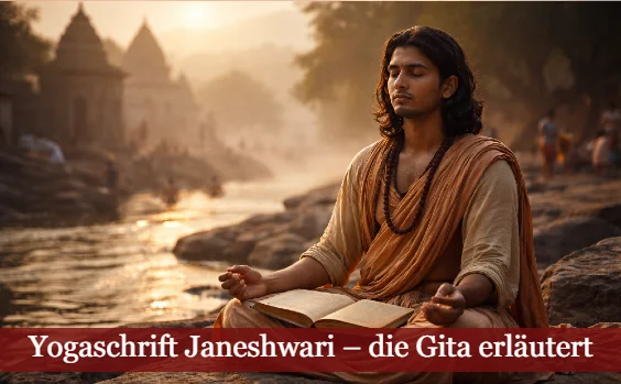 Ein junger Yogi meditiert über der Bhagavad Gita an einem Fluss. Text: Yogaschrift Jnaneshwari - die Gita erläutert