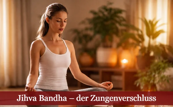 Frau bei der Ausführung von Jihva Bandha in der Meditation. Text: Jihva Bandha - der Zungenverschluss