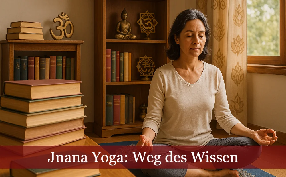 Jnana Yoga, Weg des Wissen, Frau meditiert in Yoga-Bibliothek