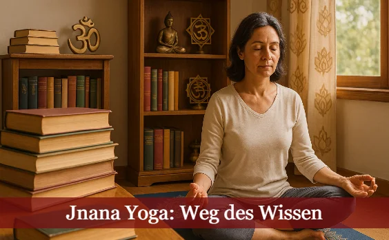 Jnana Yoga, Weg des Wissen, Frau meditiert in Yoga-Bibliothek