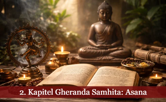 Alte Schrift auf Schreibtisch, Buddha-Statue. Text: 2. Kapitel Gheranda Samhita: Asana