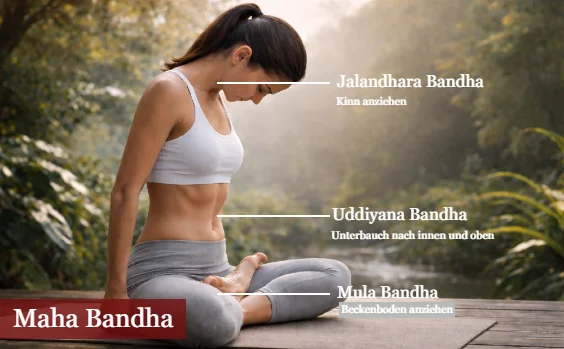 Frau führt Maha Bandha aus, Bild mit Beschriftungen der Bandhas