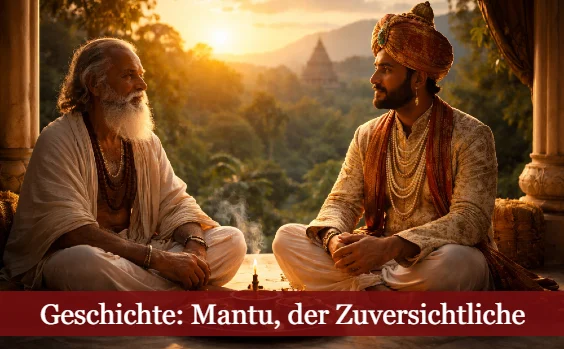 Ein Maharaja und ein alter Mann vor orientalischem Hintergrund. Text: Geschichte Mantu der Zuversichtliche