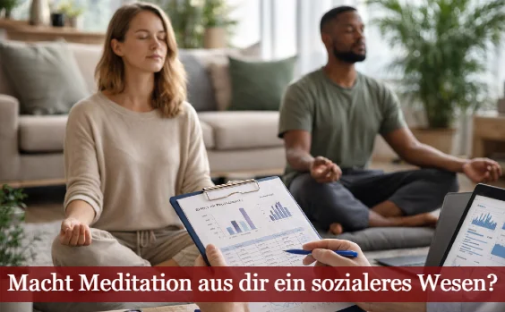 Mann und Frau meditieren vor einem Forscher. Text: Macht Meditation aus dir ein sozialeres Wesen?
