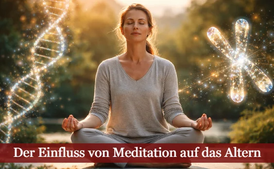 Frau meditiert, um sie herum eine Doppelhelix und ein Chromosom. Text: Der Einfluss der Meditation auf das Alterrn