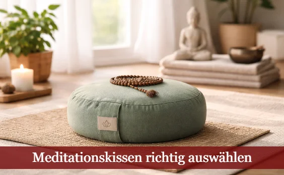 Grünes Meditationskissen im Wohnzimmer. Text: Meditationskissen richtig auswählen