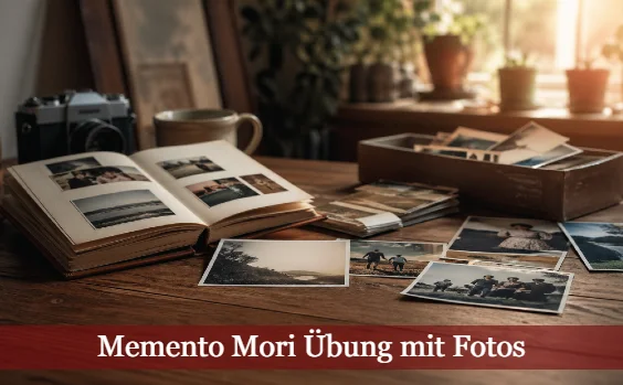 Tisch mit Fotos und Fotoalbum. Text: Memento Mori Übung mit Fotos