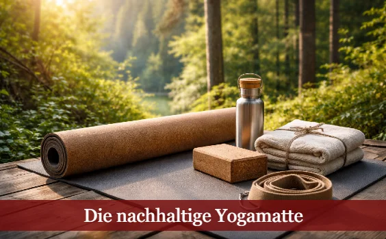 Yogazubehör im Wald an einem See. Text: Die nachhaltige Yogamatte