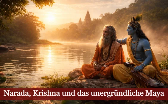 Narada und Krishna sitzen in der Abendsonne an einem Ufer. Text: Narada, Krishna und das unergründliche MayaNarada, Krishna und das unergründliche Maya