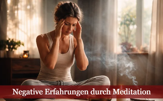Frau fasst sich bei der Meditation an den Kopf, sie scheint Schmerzen zu haben. Text: Negative Erfahrungen durch Meditation