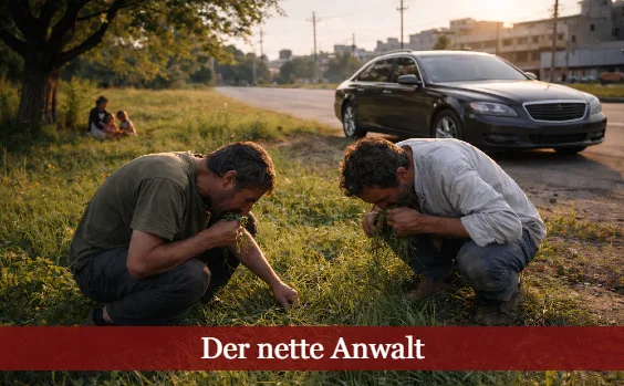 Zwei Männer grasen a/m Straßenrand, im Hintergrund eine Limousine und eine Familie unter einem Baum. Text: Der nette Anwalt