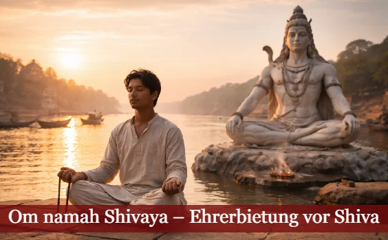 Shiva am Fluss im Hintergrund, im Vordergrund Meditierender. Text: Om namah Shivaya - Ehrerbietung vor Shiva