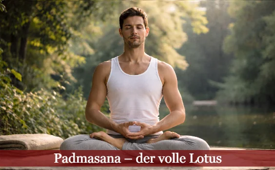 Mann in Padmasana am See. Text: Padmasana – der volle Lotus