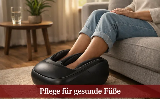 Frau mit Füßen in einem Fußmassage-Gerät. Text: Pflege für gesunde Füße