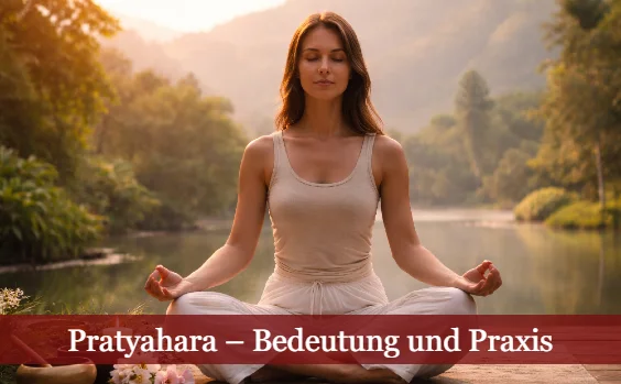 Frau in Meditation vor See bemüht sich um Pratyahara. Text: Pratyahara Bedeutung und Praxis