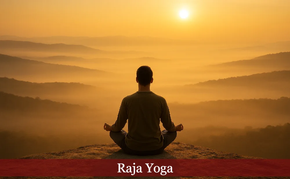 Raja Yoga Meditierender vor sonnengetränkter Landschaft